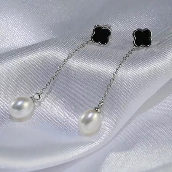 925S White Freshwater Pearl Hook Dangle Earring With Black Clover 925S Silver - Picture 5 of 9